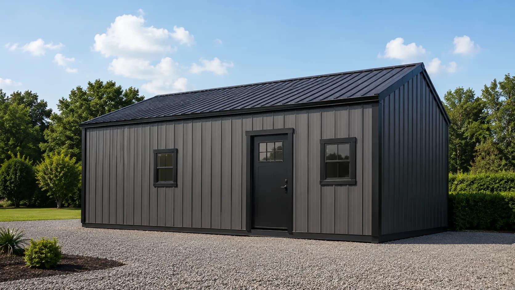 A finished steel building on a prepared lot