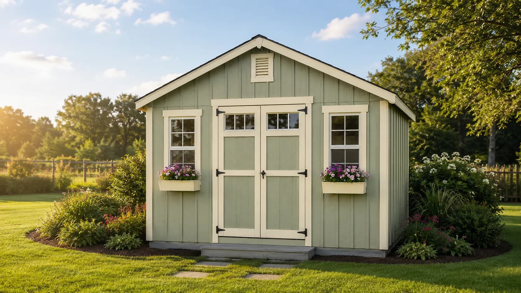 A finished wood shed in a green Midlands backyard