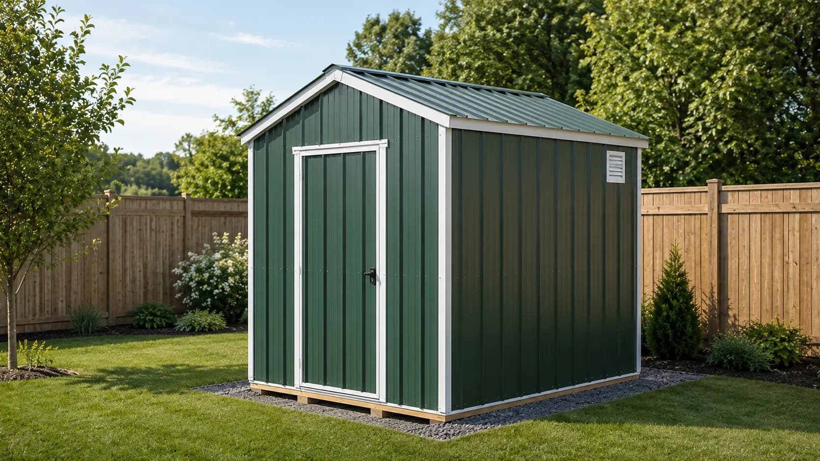 A steel metal building in a residential yard