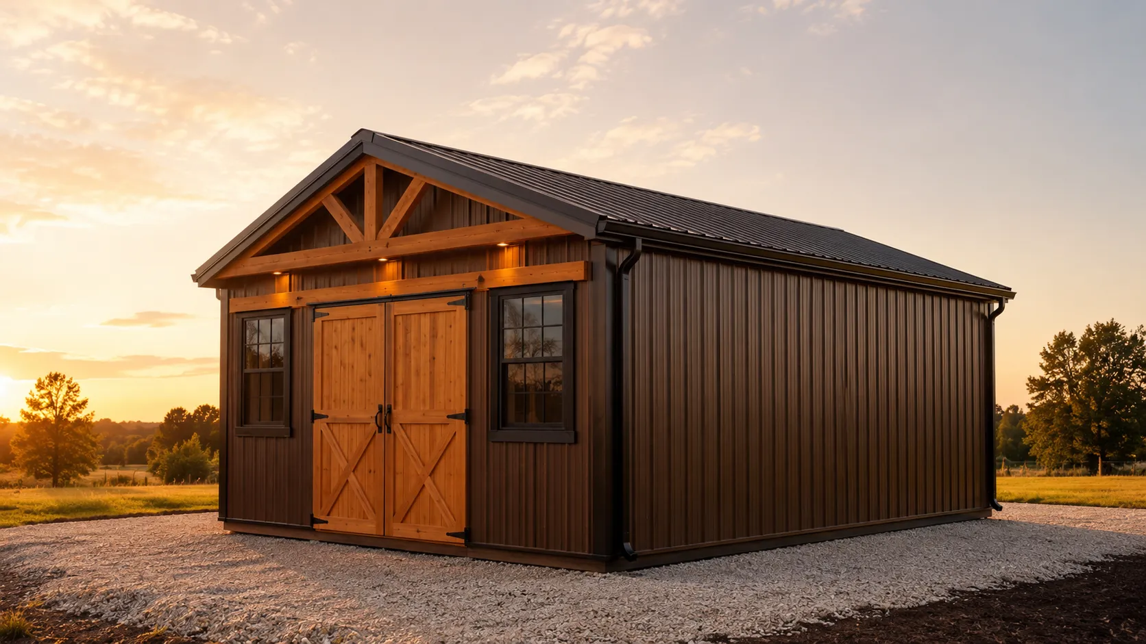 A cedar-and-metal building at golden hour